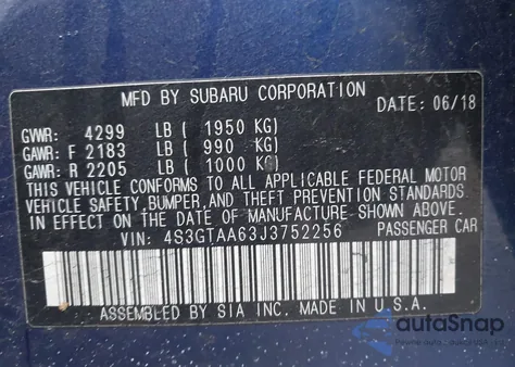 2018 Subaru Impreza 2.0I z USA, uszkodzony, nr VIN 4S3GTAA63J3752256